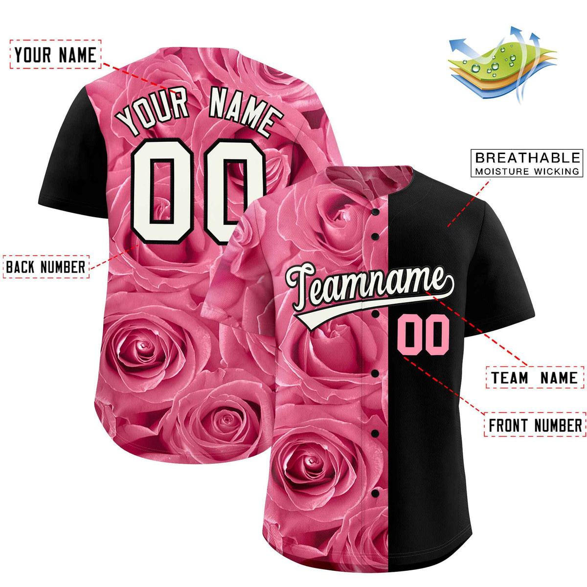 Custom Light Pink Black Split Rose Print Authentic Baseball Jersey Limited