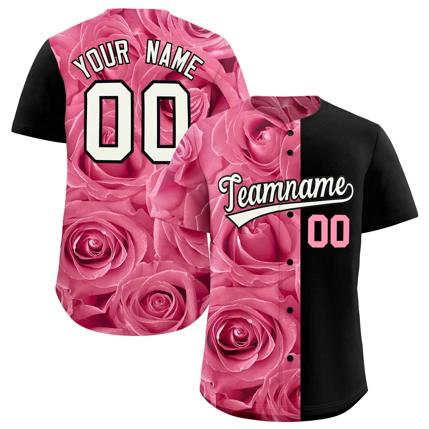Custom Light Pink Black Split Rose Print Authentic Baseball Jersey