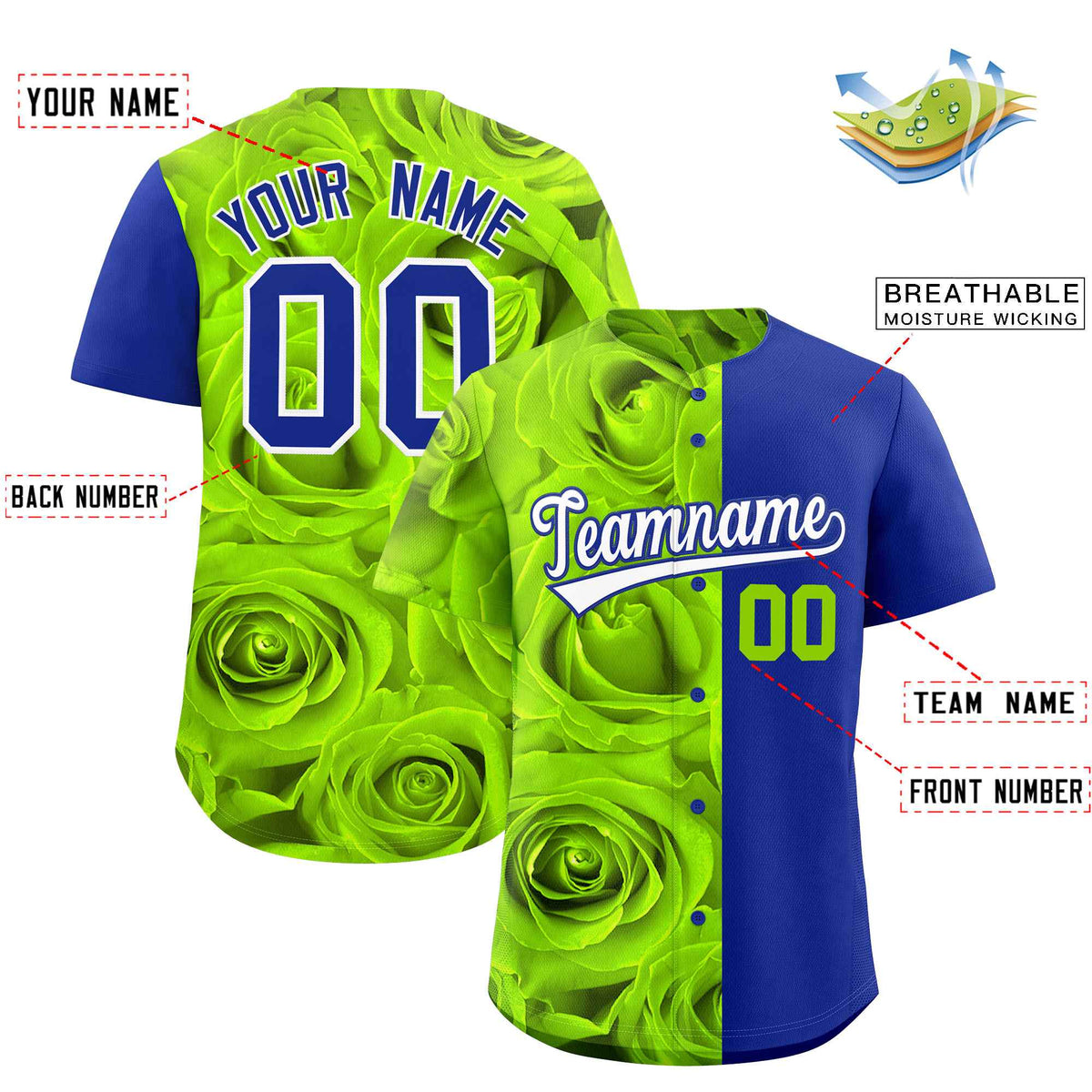 Custom Neon Green Royal Split Rose Print Authentic Baseball Jersey Limited