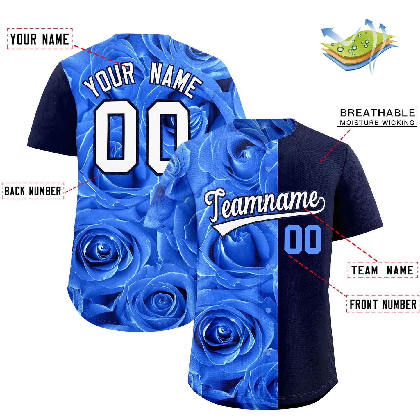 Custom Powder Blue Navy Split Rose Print Authentic Baseball Jersey Limited