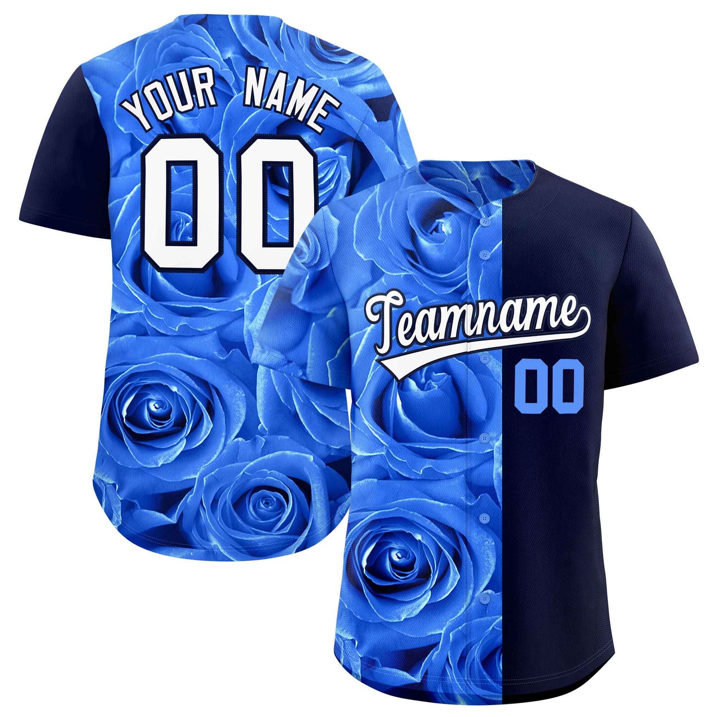 Custom Powder Blue Navy Split Rose Print Authentic Baseball Jersey