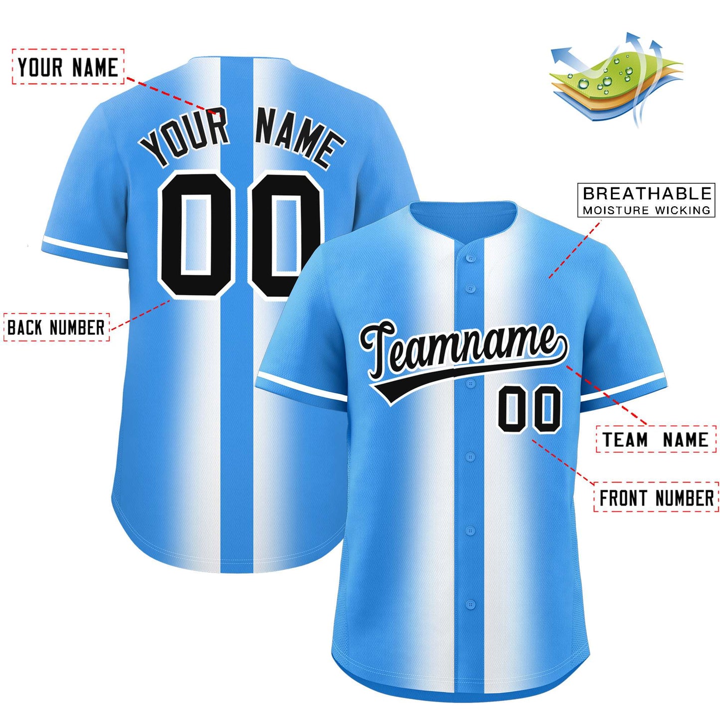 Custom Powder Blue White Lapel Gradient Fashion Authentic Baseball Jersey Limited