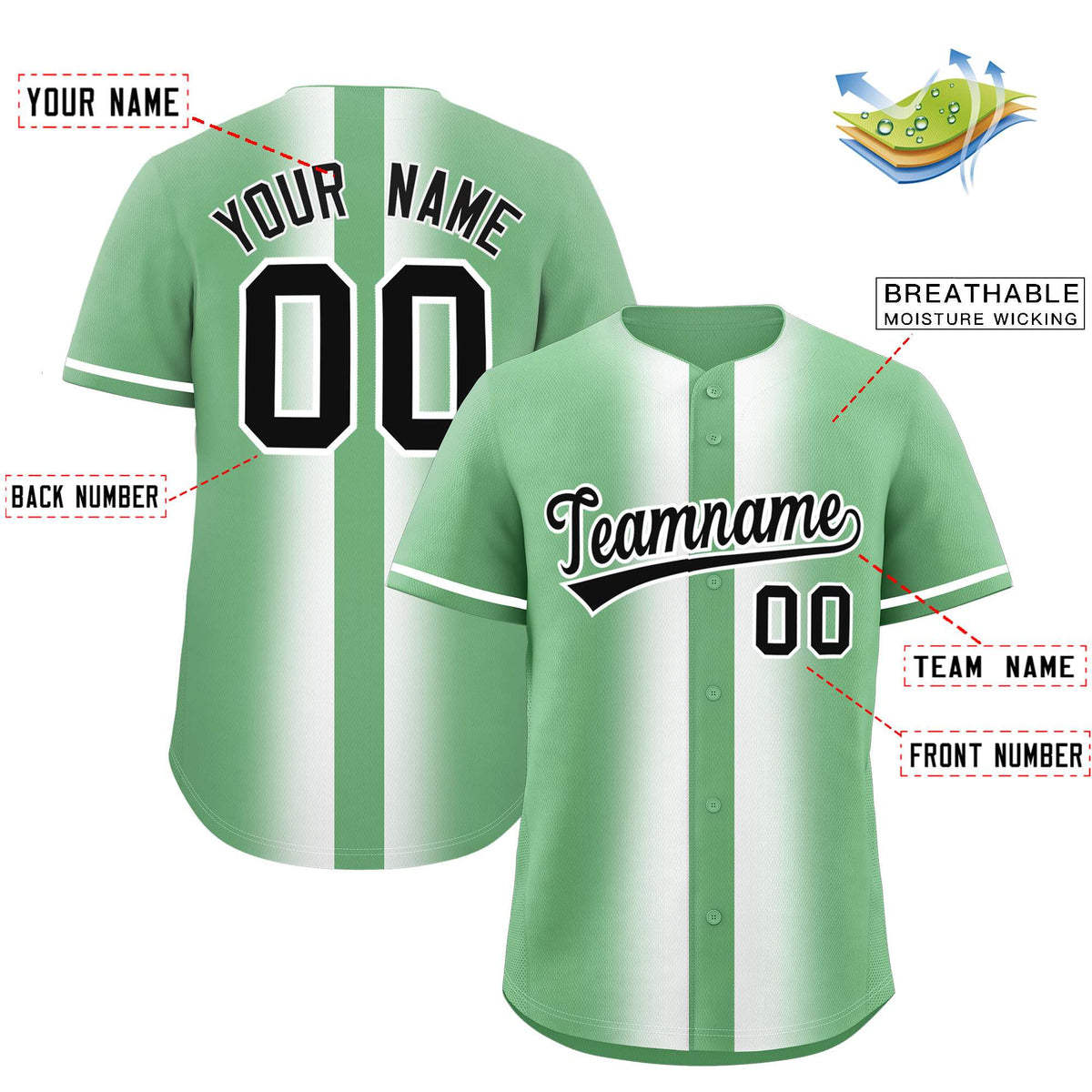 Custom Green White Lapel Gradient Fashion Authentic Baseball Jersey Limited