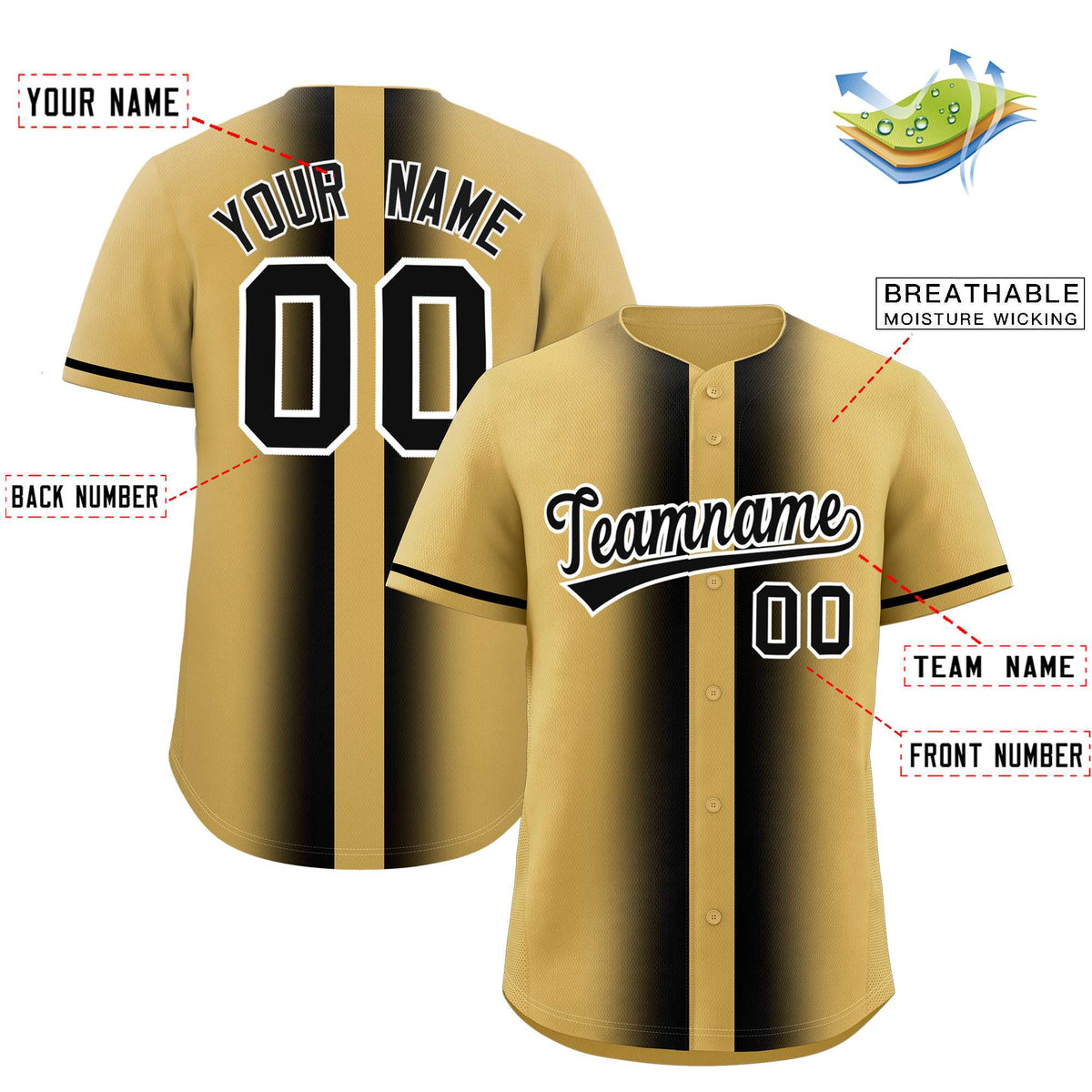 Custom Old Gold Black Lapel Gradient Fashion Authentic Baseball Jersey Limited