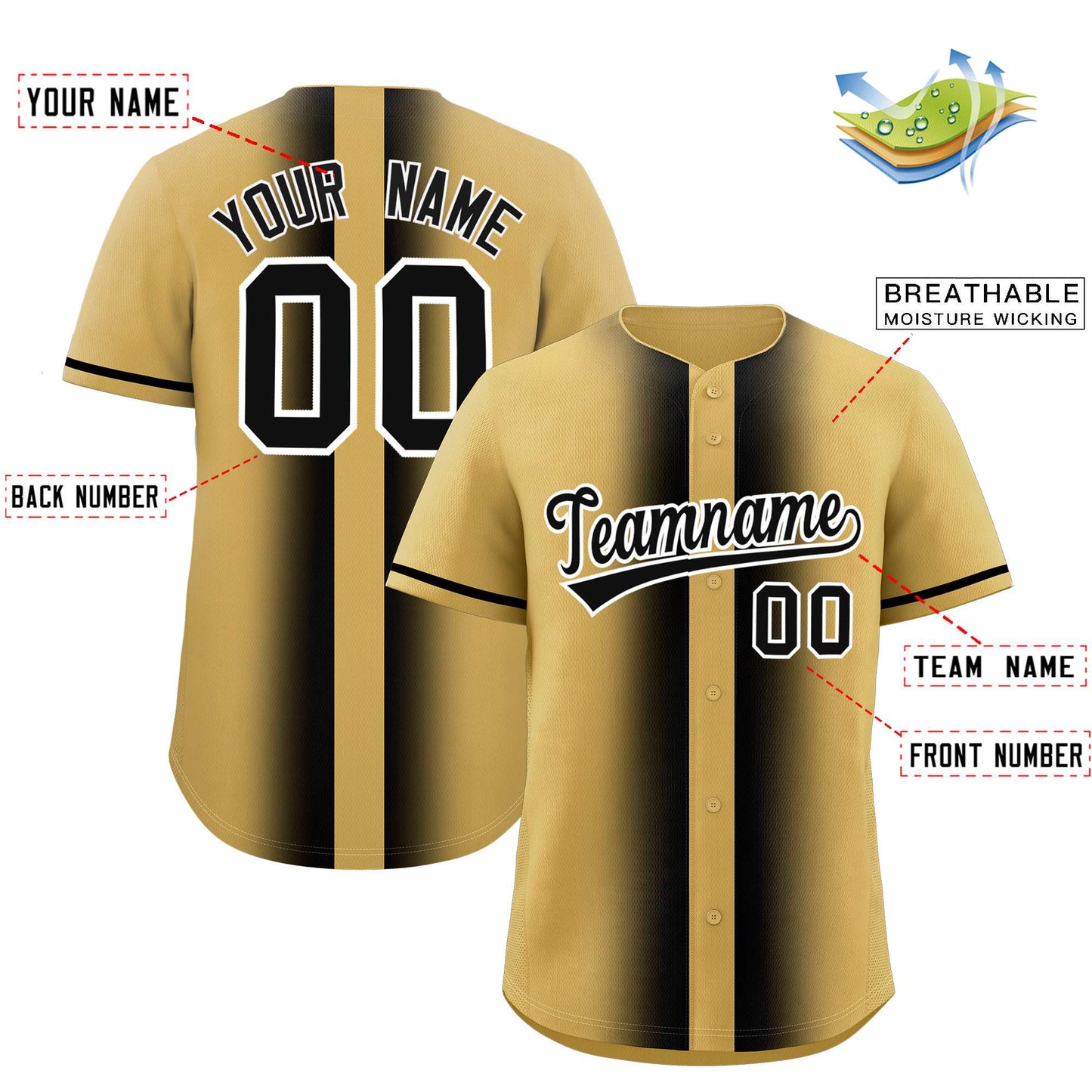 Custom Old Gold Black Lapel Gradient Fashion Authentic Baseball Jersey Limited