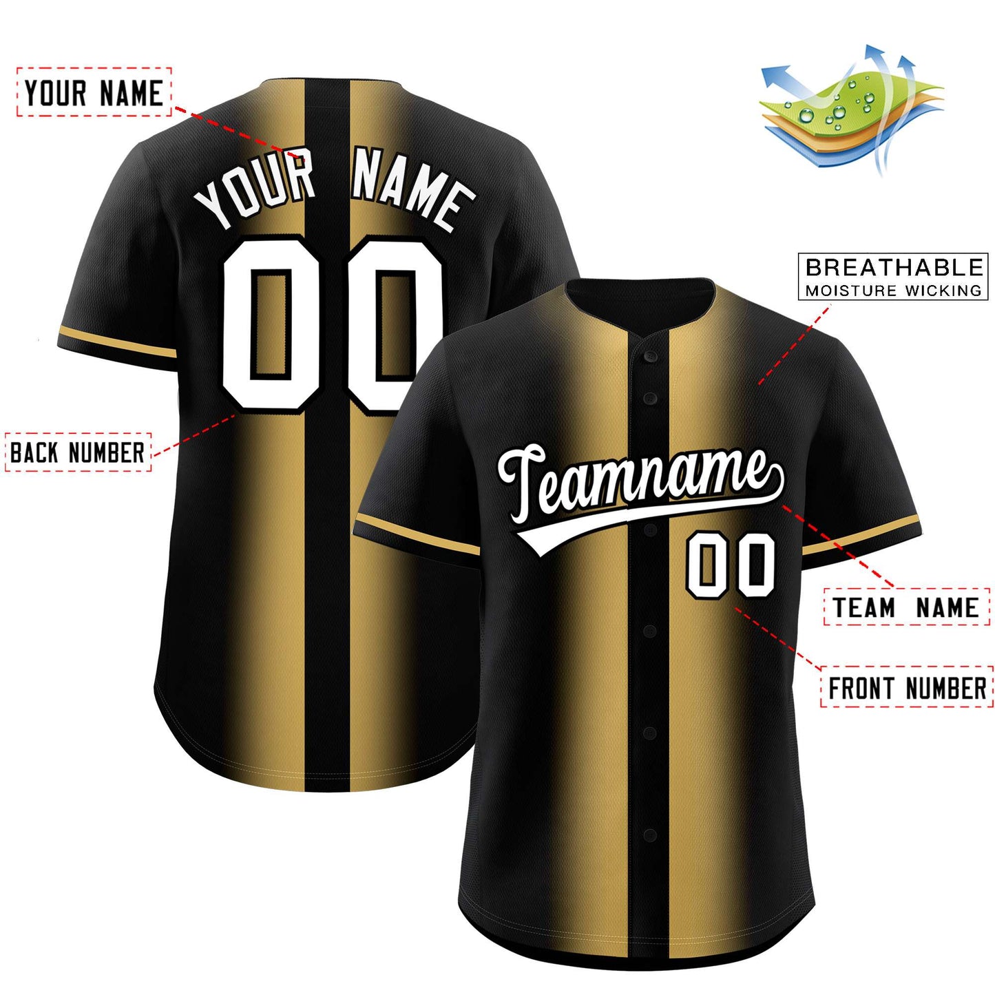 Custom Black Old Gold Lapel Gradient Fashion Authentic Baseball Jersey Limited