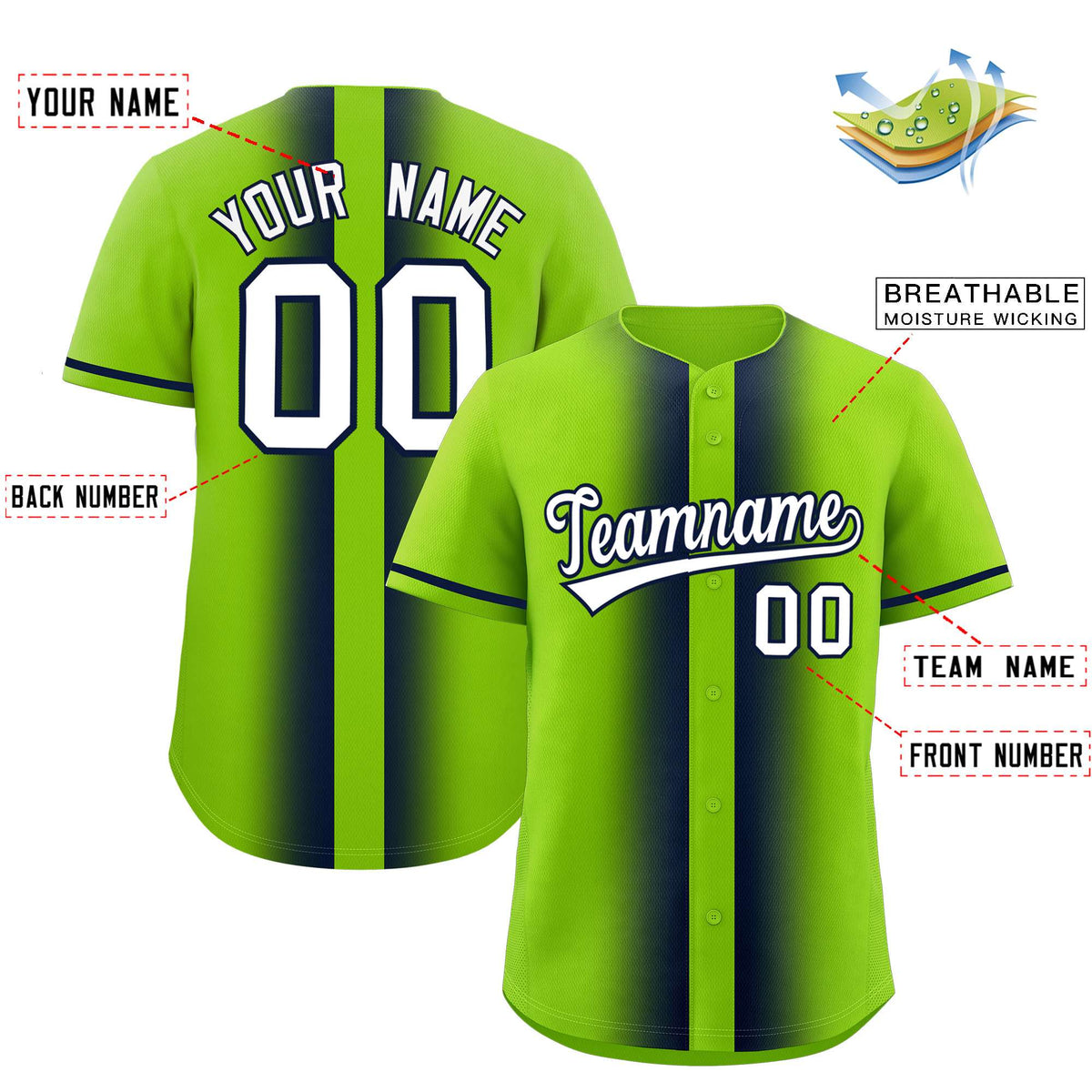 Custom Neon Green Navy Lapel Gradient Fashion Authentic Baseball Jersey Limited
