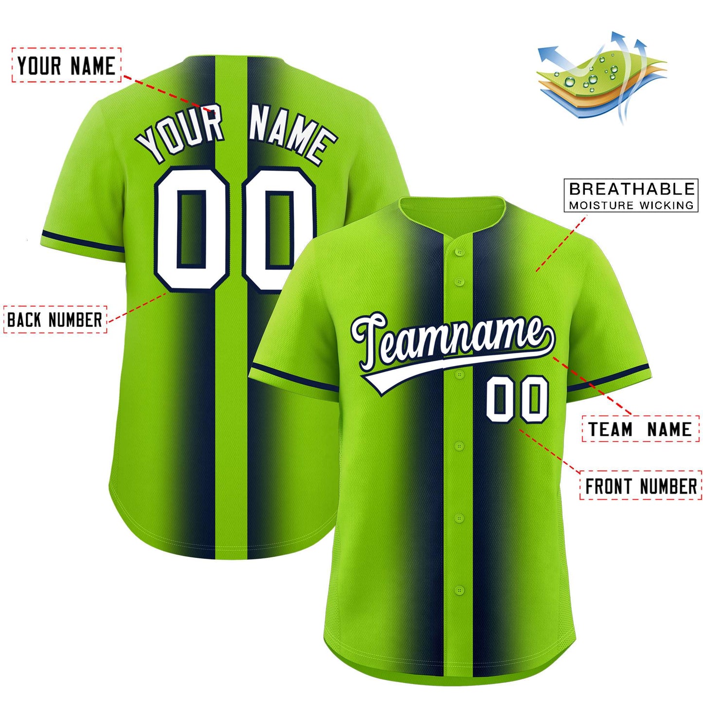 Custom Neon Green Navy Lapel Gradient Fashion Authentic Baseball Jersey Limited