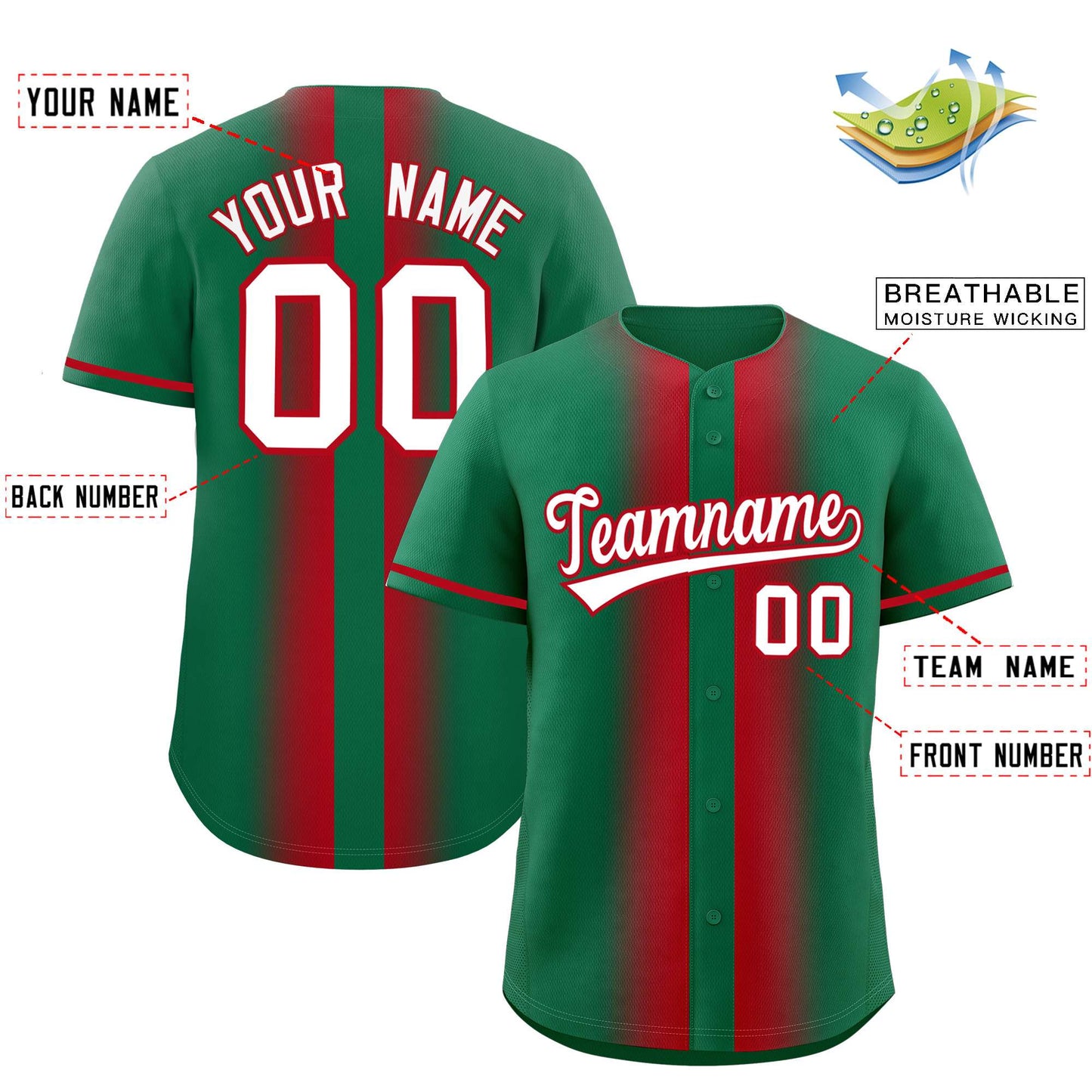 Custom Kelly Green Red Lapel Gradient Fashion Authentic Baseball Jersey Limited