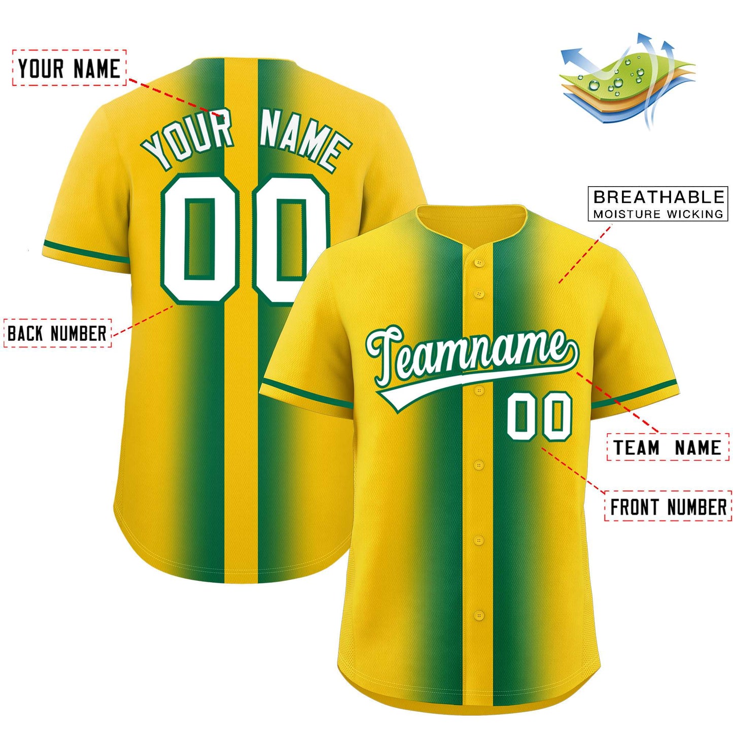Custom Gold Kelly Green Lapel Gradient Fashion Authentic Baseball Jersey Limited