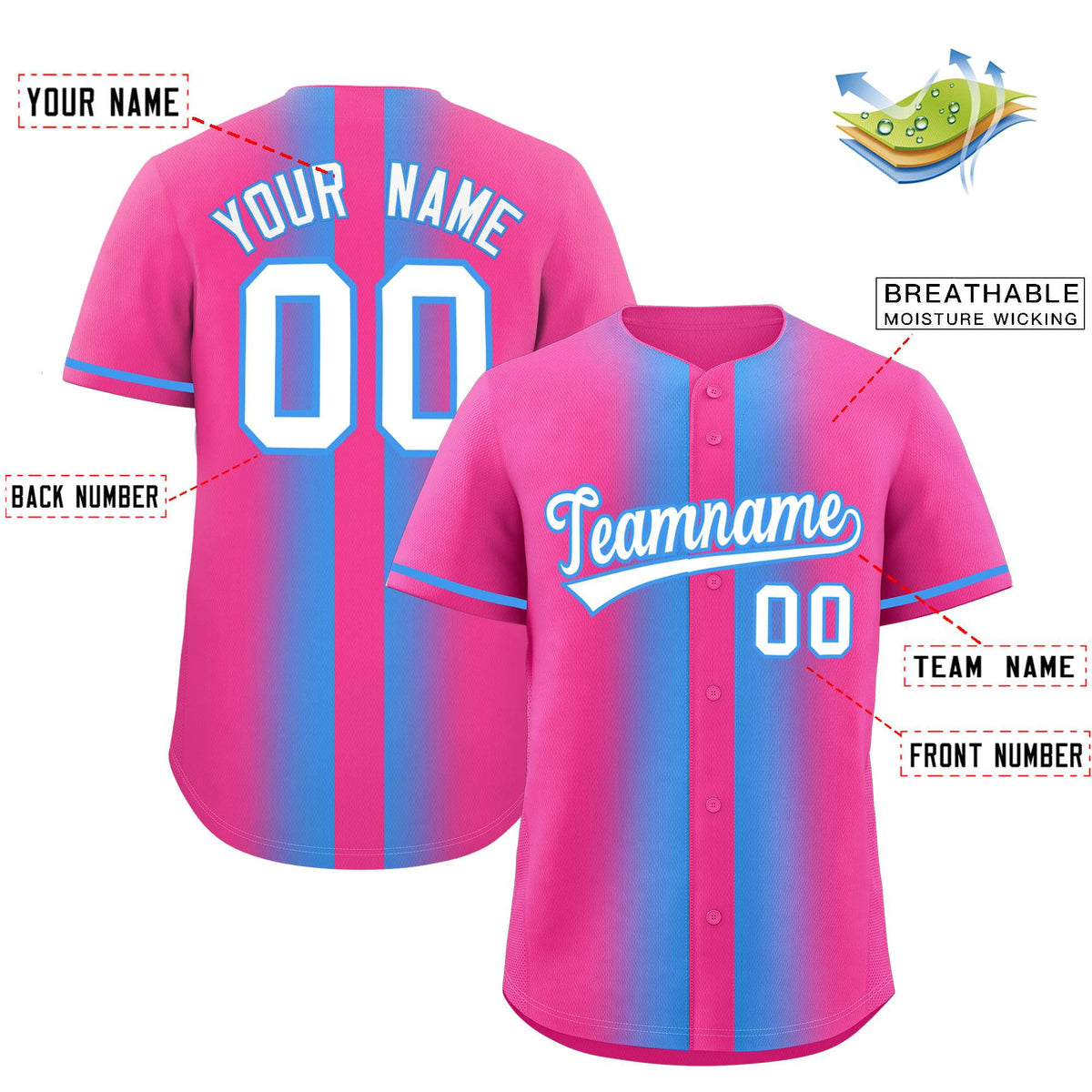 Custom Pink Powder Blue Lapel Gradient Fashion Authentic Baseball Jersey Limited
