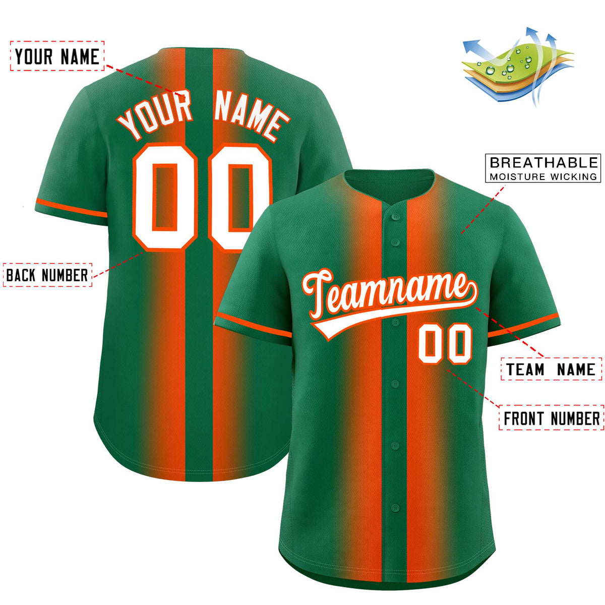 Custom Kelly Green Orange Lapel Gradient Fashion Authentic Baseball Jersey Limited