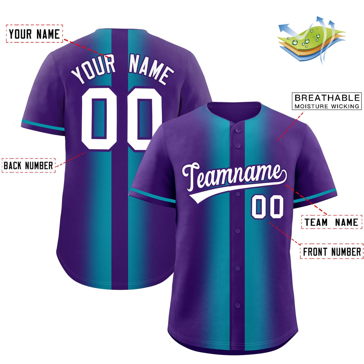Custom Purple Aqua Lapel Gradient Fashion Authentic Baseball Jersey Limited