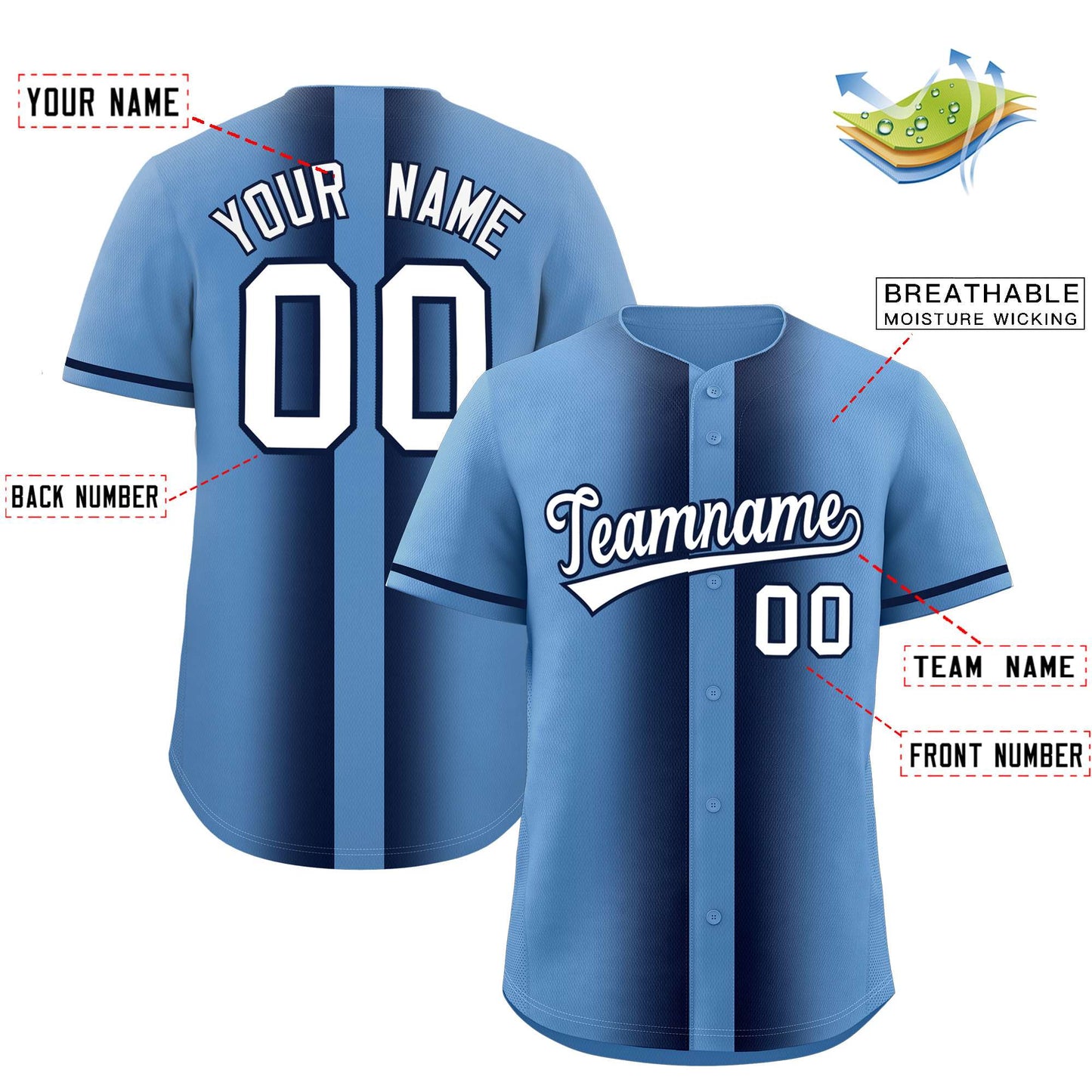 Custom Light Blue Navy Lapel Gradient Fashion Authentic Baseball Jersey Limited