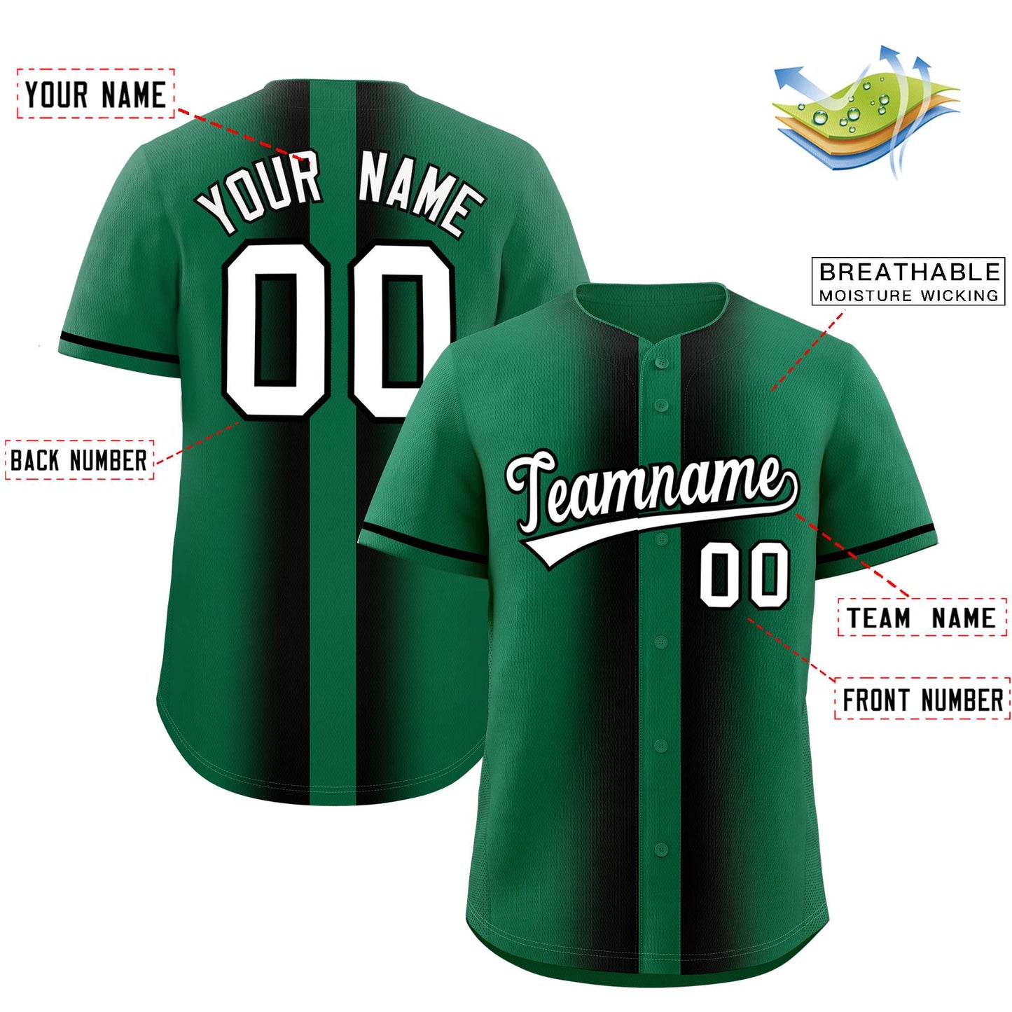 Custom Kelly Green Black Lapel Gradient Fashion Authentic Baseball Jersey Limited