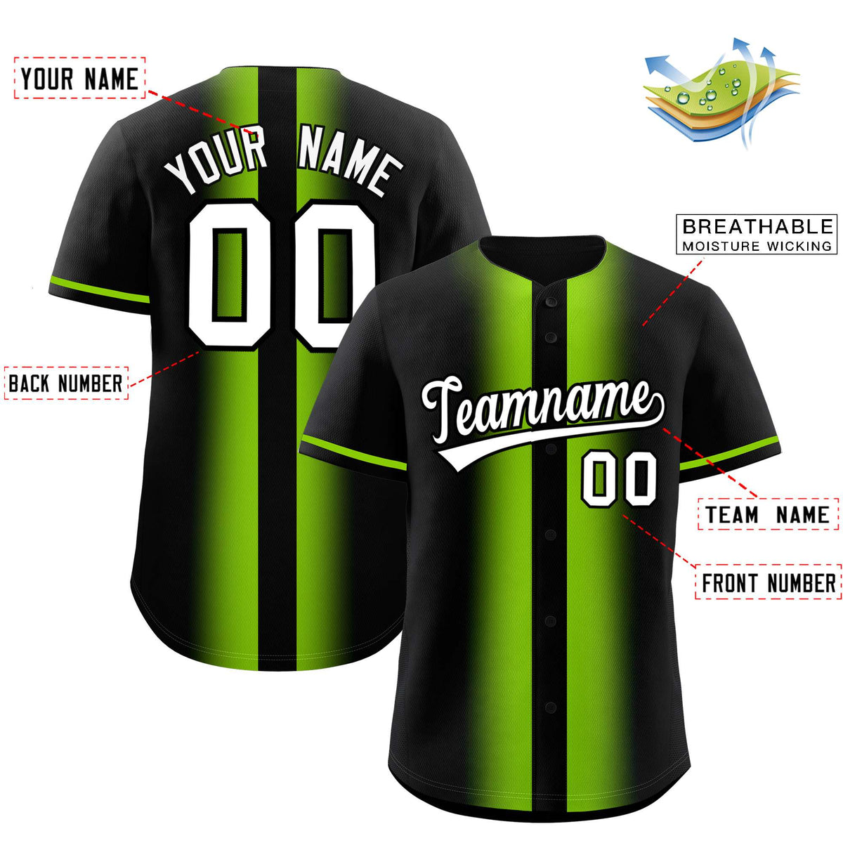 Custom Black Neon Green Lapel Gradient Fashion Authentic Baseball Jersey Limited