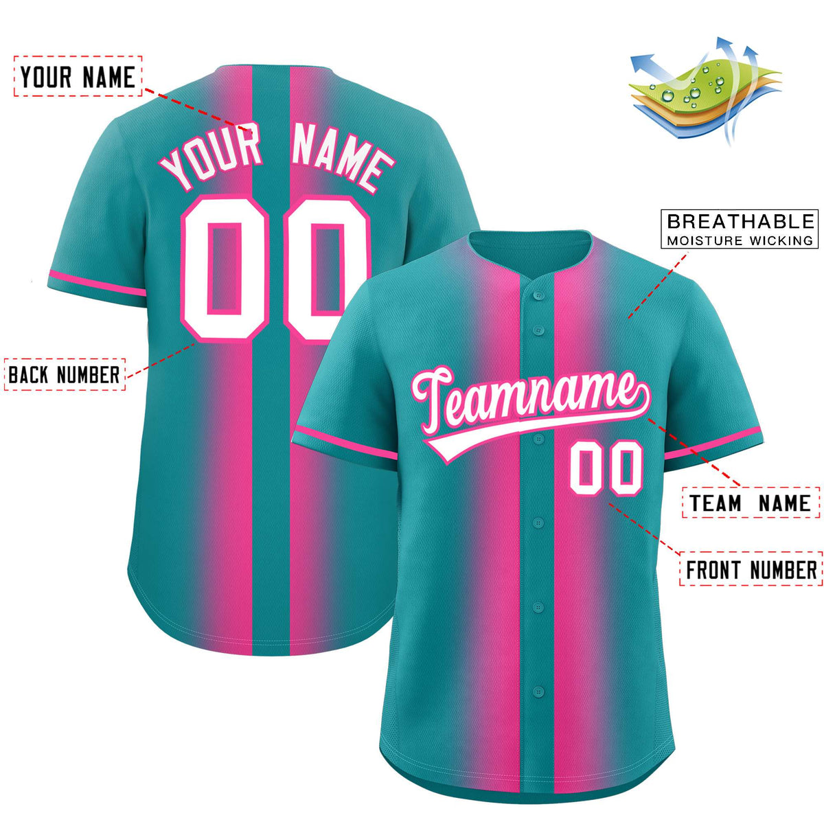 Custom Aqua Pink Lapel Gradient Fashion Authentic Baseball Jersey Limited