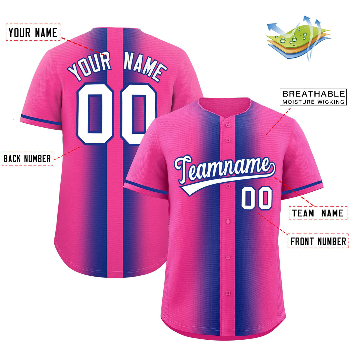 Custom Pink Royal Lapel Gradient Fashion Authentic Baseball Jersey Limited