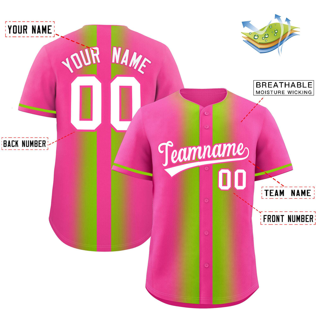 Custom Pink Neon Green Lapel Gradient Fashion Authentic Baseball Jersey Limited