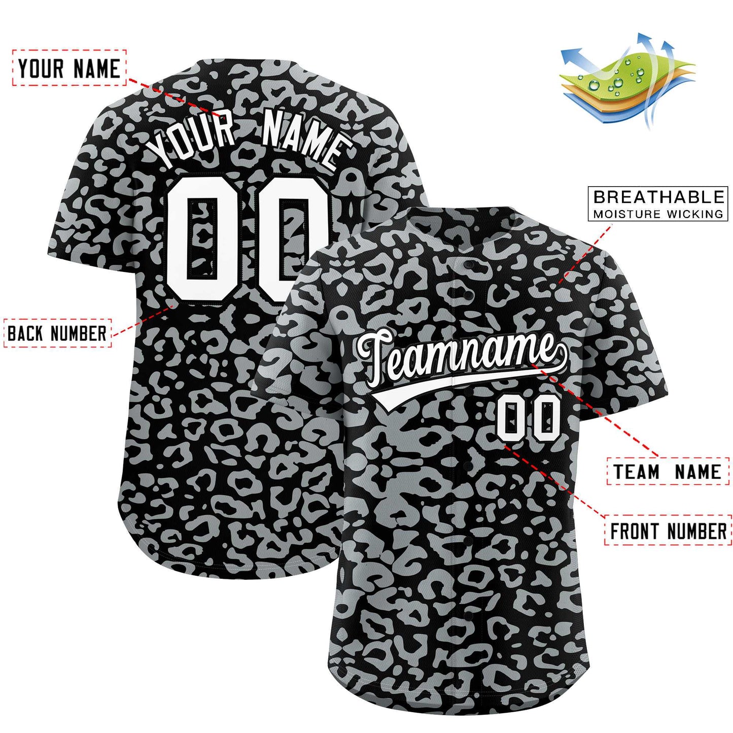 Custom Black Silver Leopard Print Pattern Authentic Baseball Jersey Limited