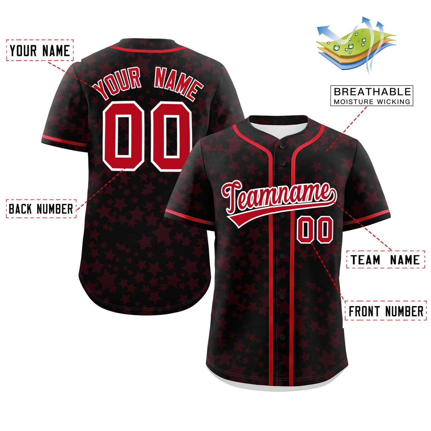 Custom Black Red Personalized Star Graffiti Pattern Authentic Baseball Jersey Limited