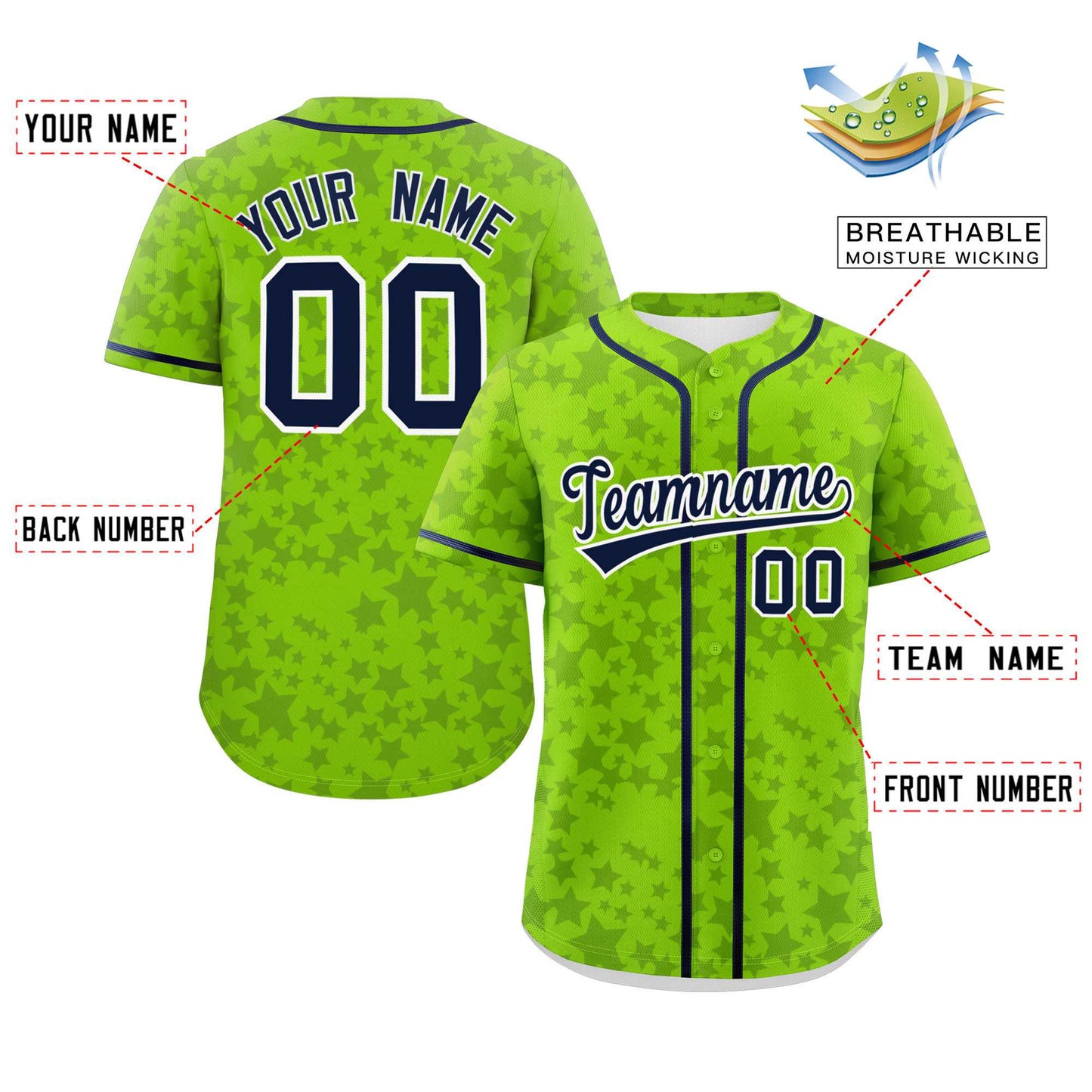 Custom Neon Green Navy Personalized Star Graffiti Pattern Authentic Baseball Jersey Limited