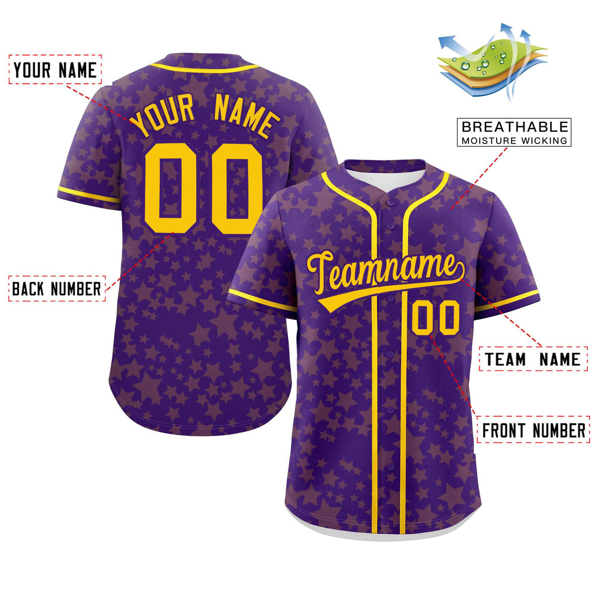 Custom Purple Gold Personalized Star Graffiti Pattern Authentic Baseball Jersey Limited
