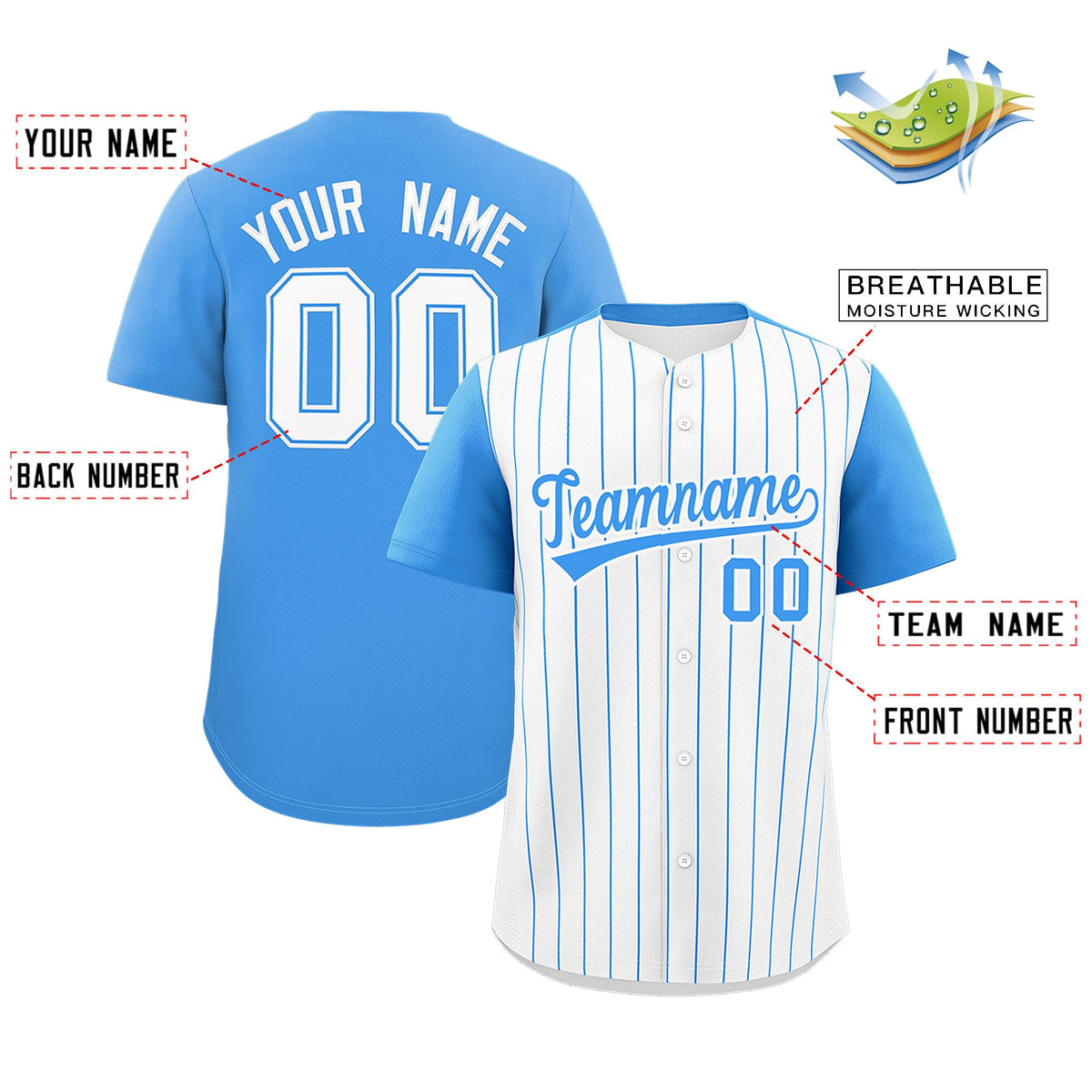 Custom White Powder Blue Pinstripe Personalized Two-Tone Authentic Baseball Jersey Limited
