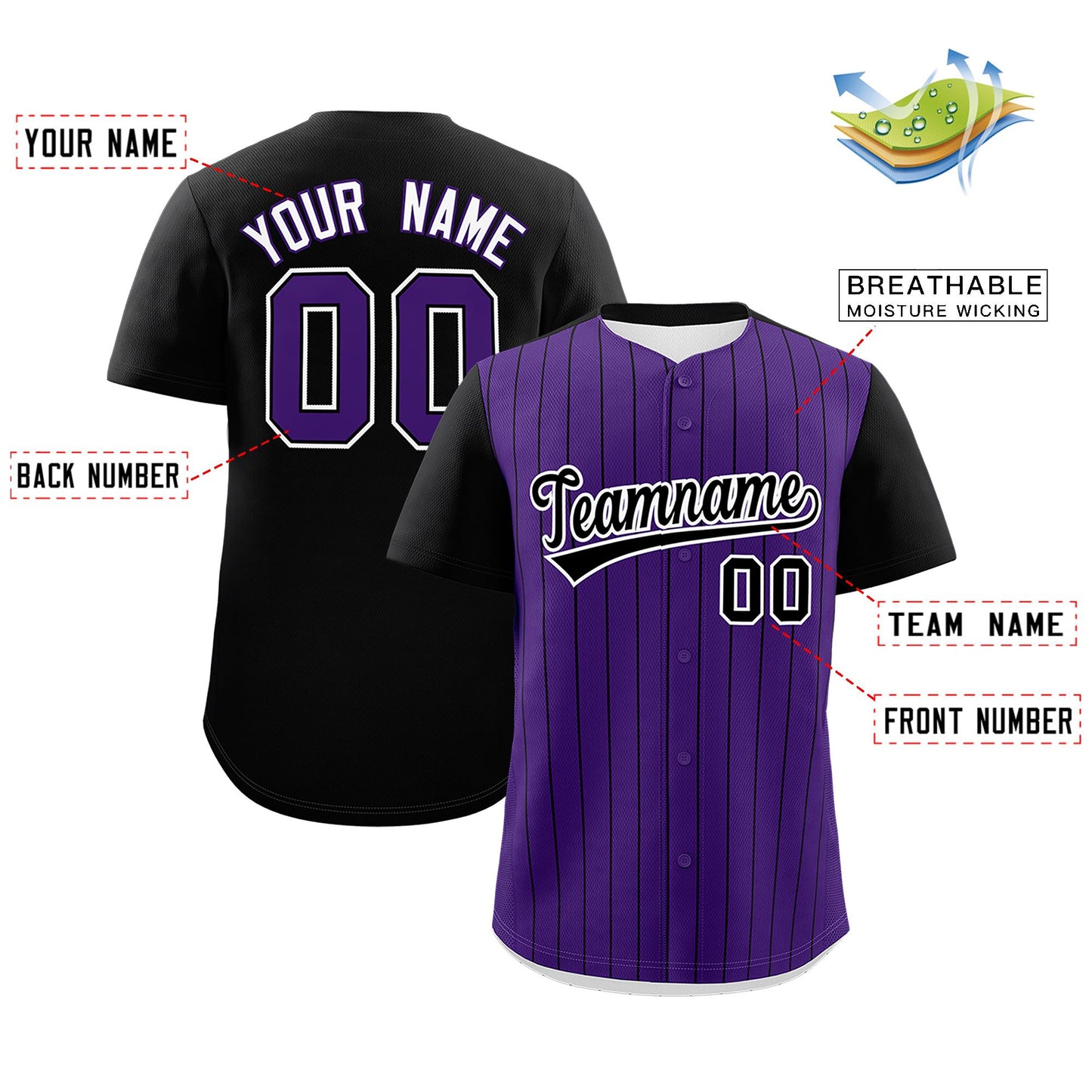 Custom Purple Black Pinstripe Personalized Two-Tone Authentic Baseball Jersey Limited