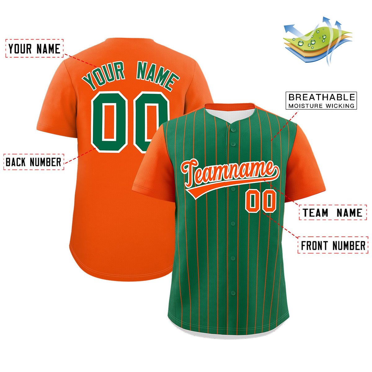 Custom Kelly Green Orange Pinstripe Personalized Two-Tone Authentic Baseball Jersey Limited