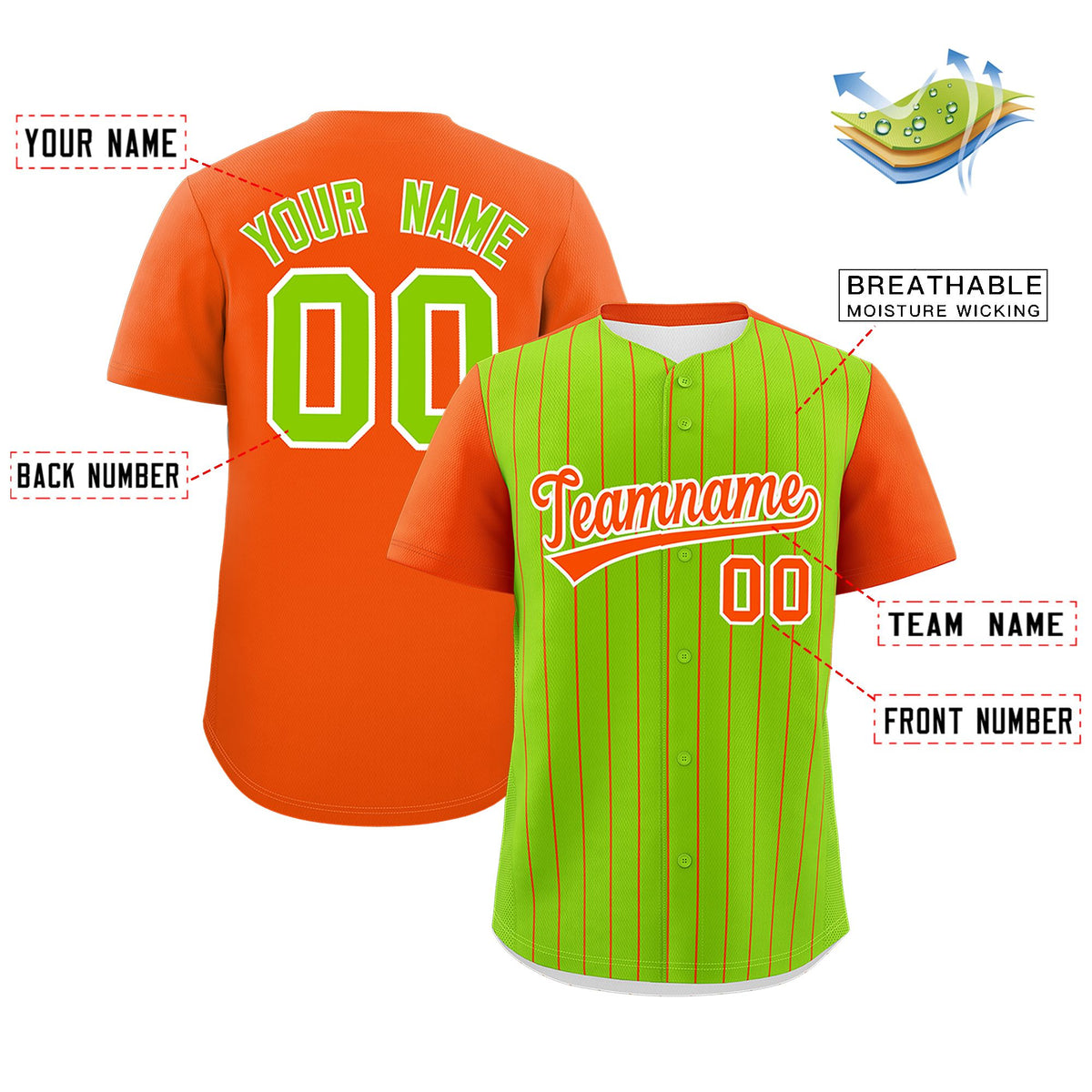 Custom Neon Green Orange Pinstripe Personalized Two-Tone Authentic Baseball Jersey Limited