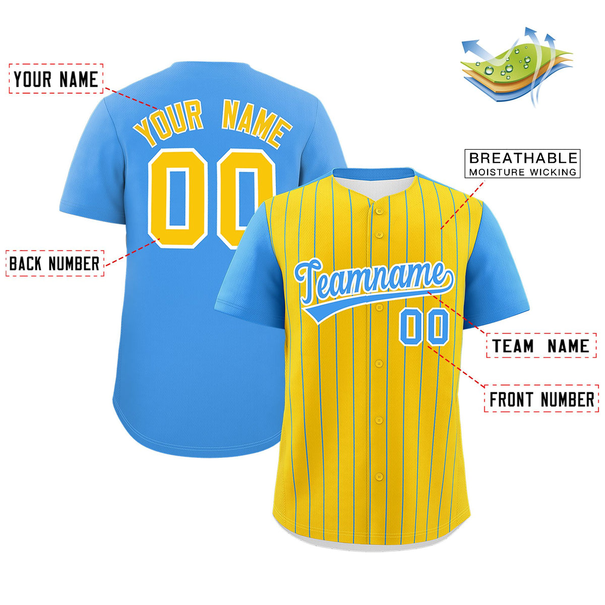 Custom Gold Powder Blue Pinstripe Personalized Two-Tone Authentic Baseball Jersey Limited