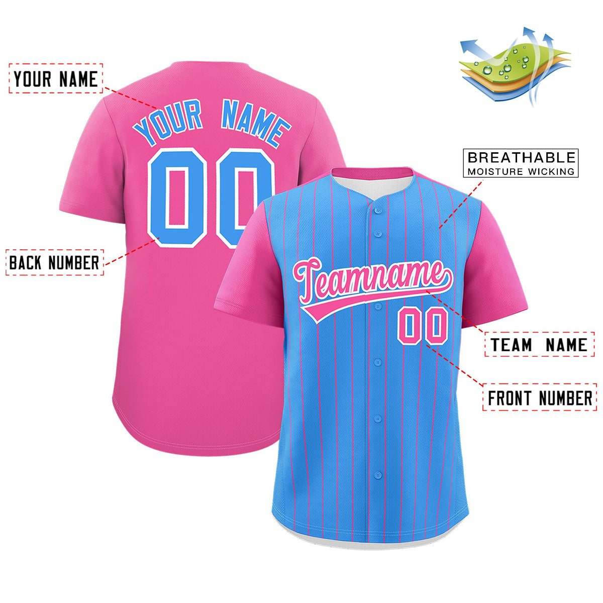 Custom Powder Blue Pink Pinstripe Personalized Two-Tone Authentic Baseball Jersey Limited