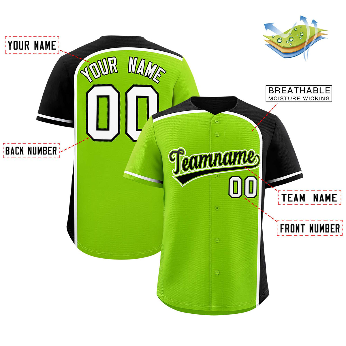 Custom Neon Green Black Personalized Color Block Authentic Baseball Jersey Limited