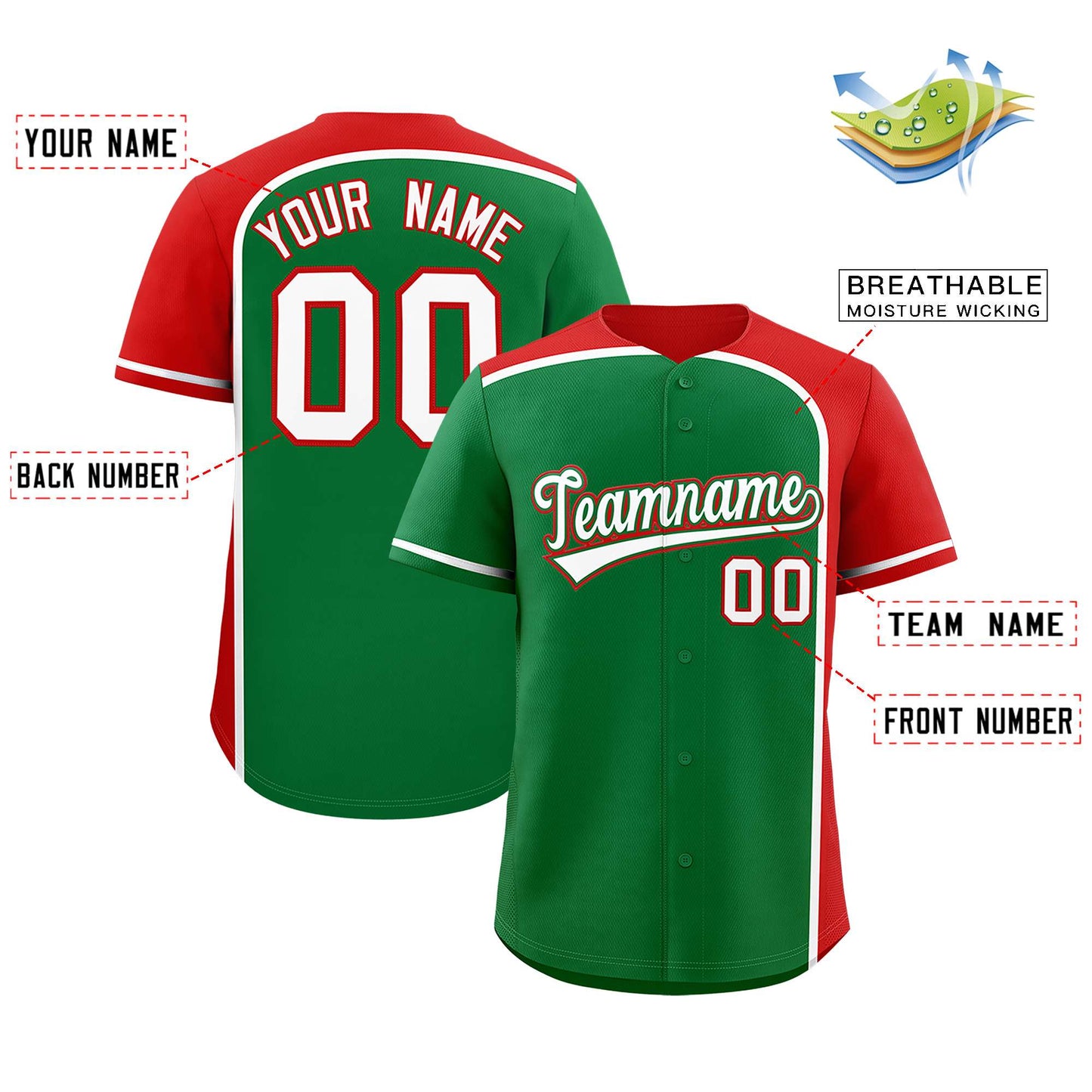 Custom Kelly Green Red Personalized Color Block Authentic Baseball Jersey Limited
