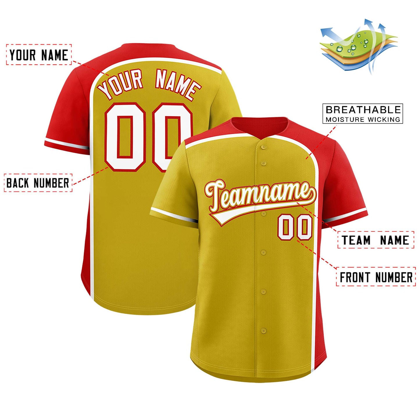Custom Old Gold Red Personalized Color Block Authentic Baseball Jersey Limited