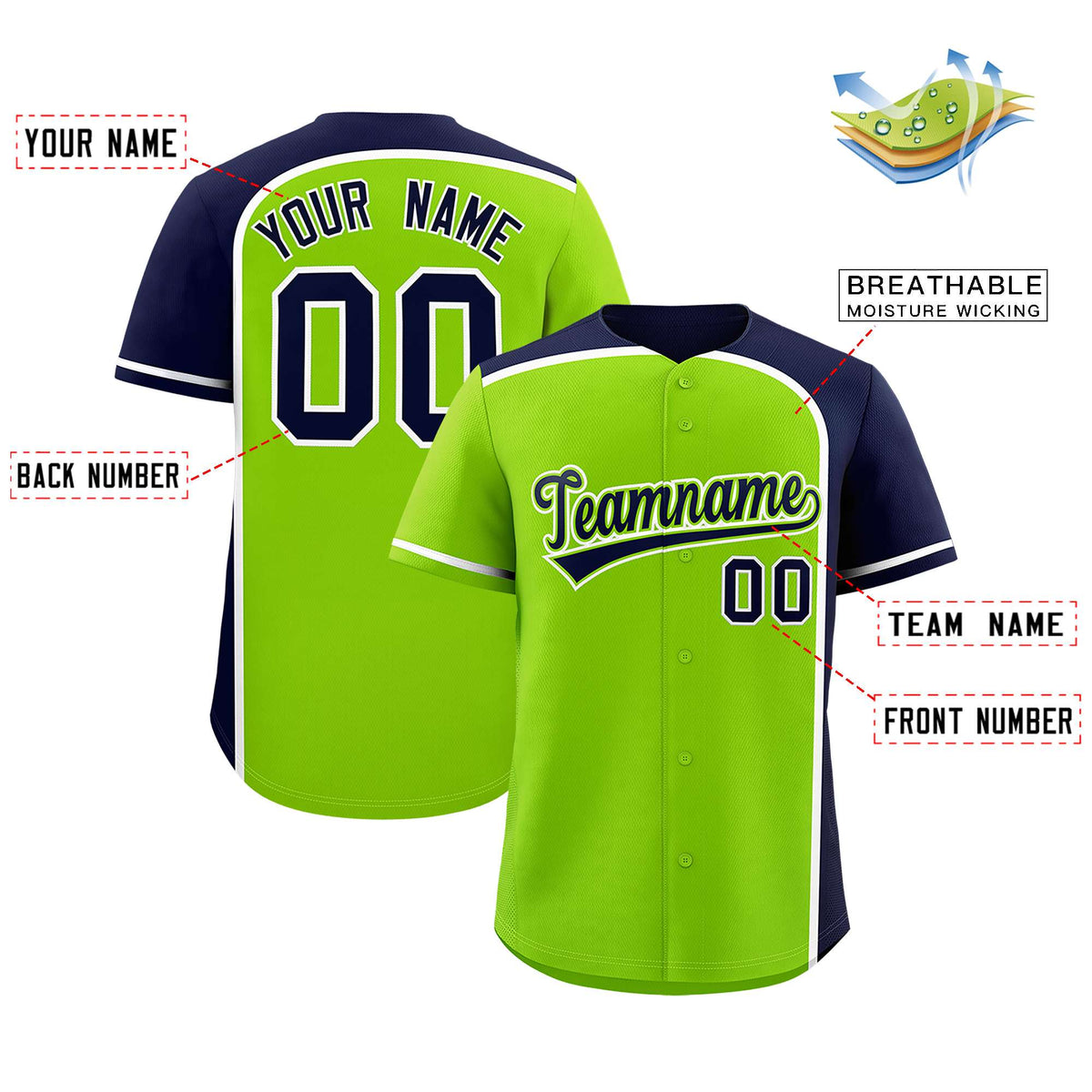 Custom Neon Green Navy Personalized Color Block Authentic Baseball Jersey Limited