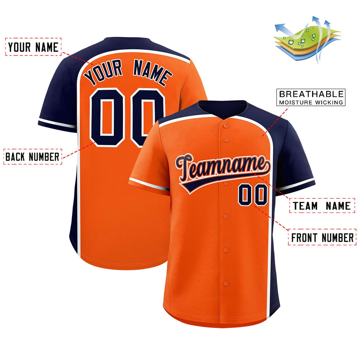 Custom Orange Navy Personalized Color Block Authentic Baseball Jersey Limited