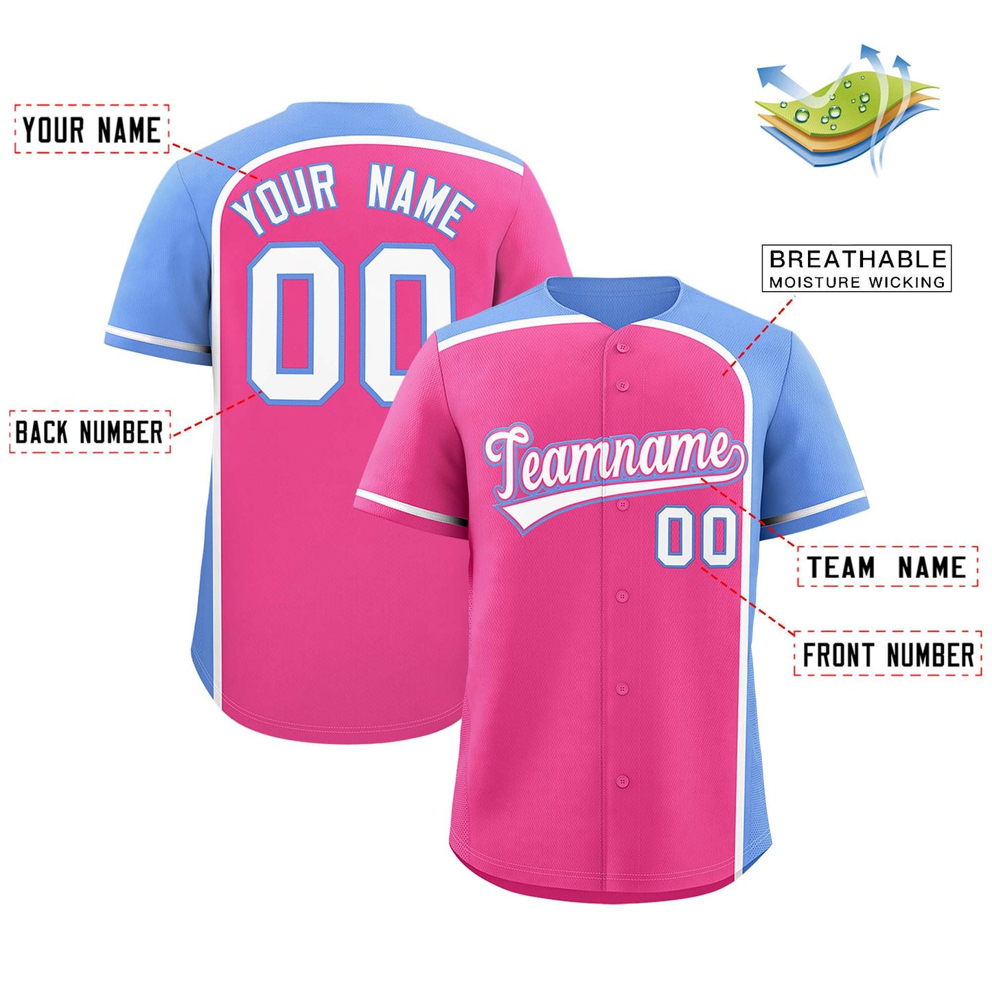 Custom Pink Light Blue Personalized Color Block Authentic Baseball Jersey Limited