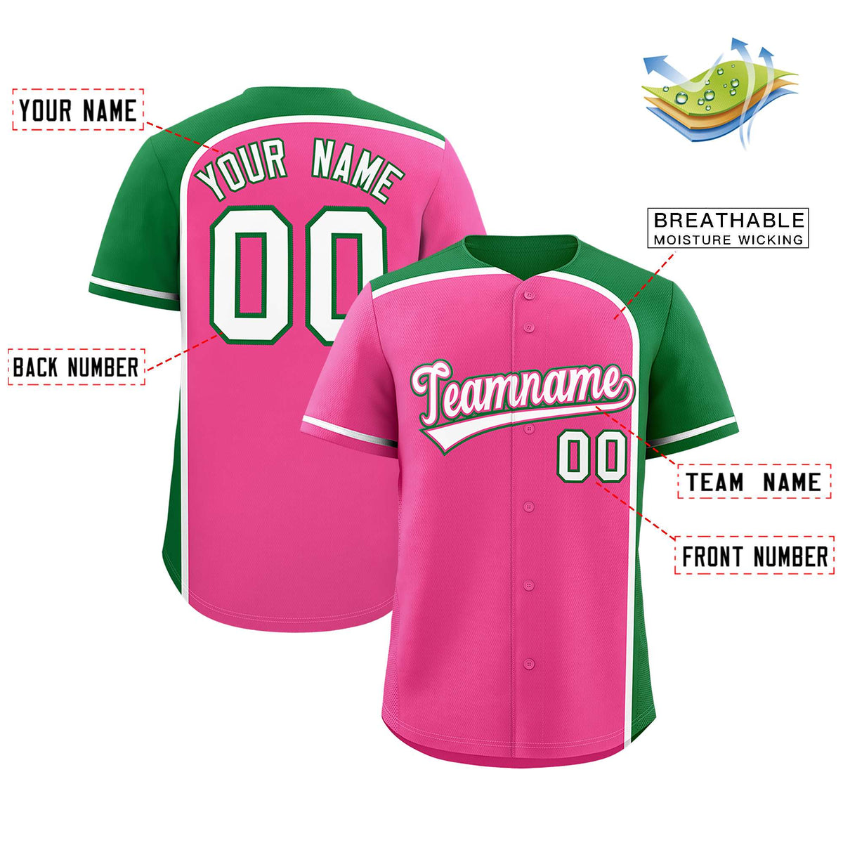 Custom Pink Kelly Green Personalized Color Block Authentic Baseball Jersey Limited