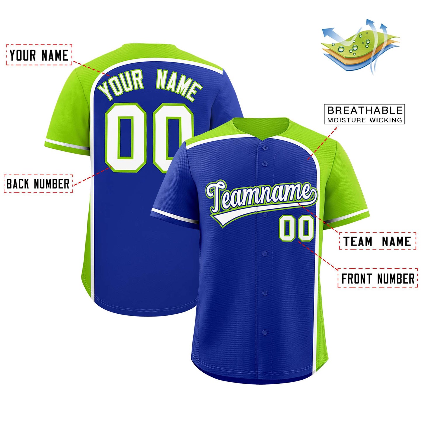 Custom Royal Neon Green Personalized Color Block Authentic Baseball Jersey Limited
