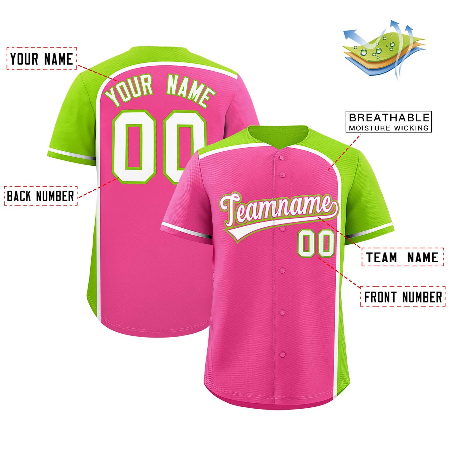 Custom Pink Neon Green Personalized Color Block Authentic Baseball Jersey Limited