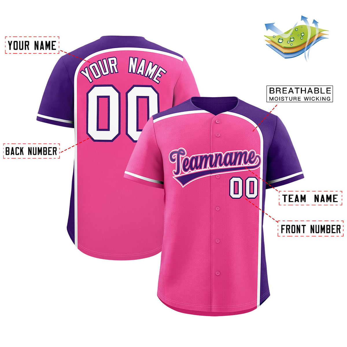 Custom Pink Purple Personalized Color Block Authentic Baseball Jersey Limited