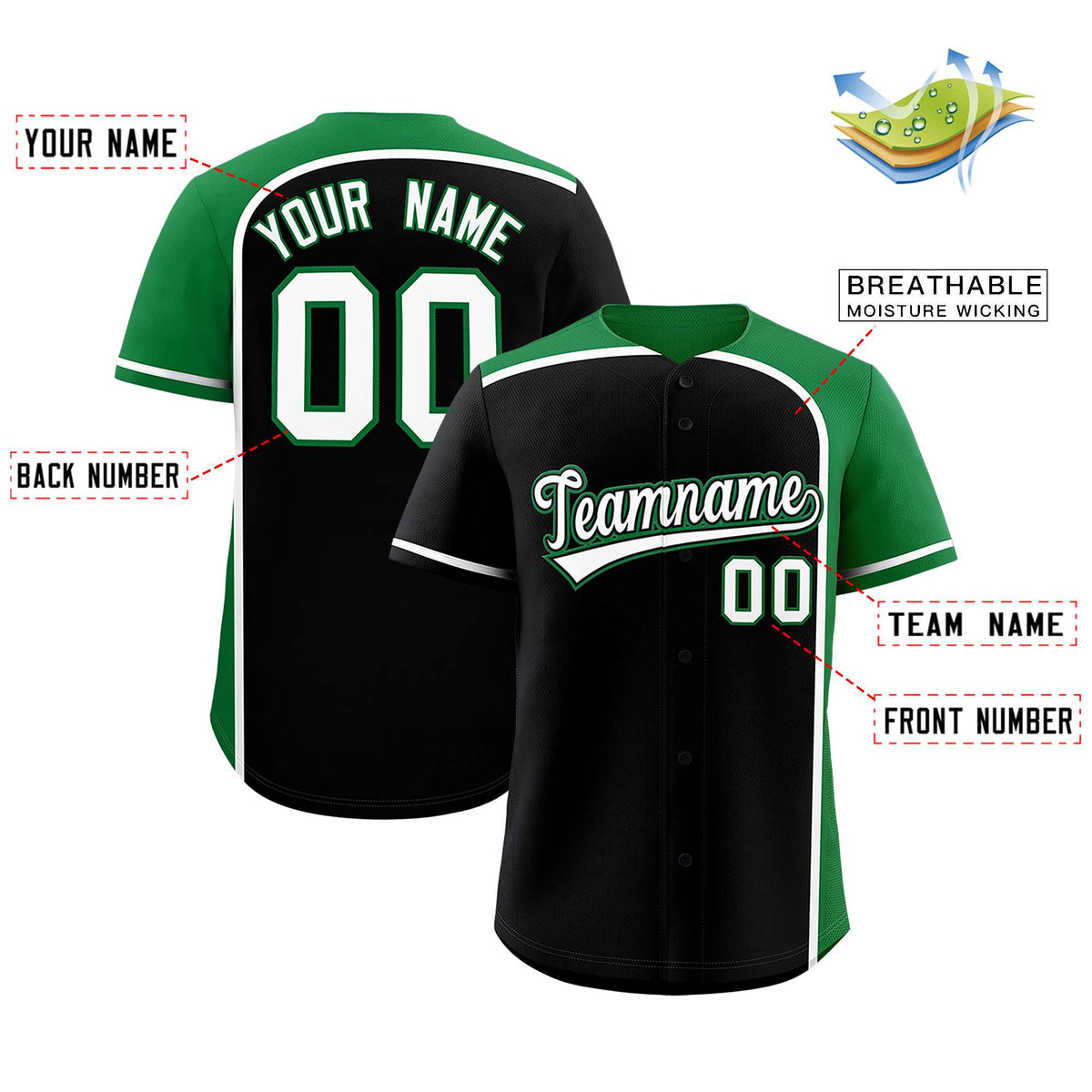Custom Black Kelly Green Personalized Color Block Authentic Baseball Jersey Limited
