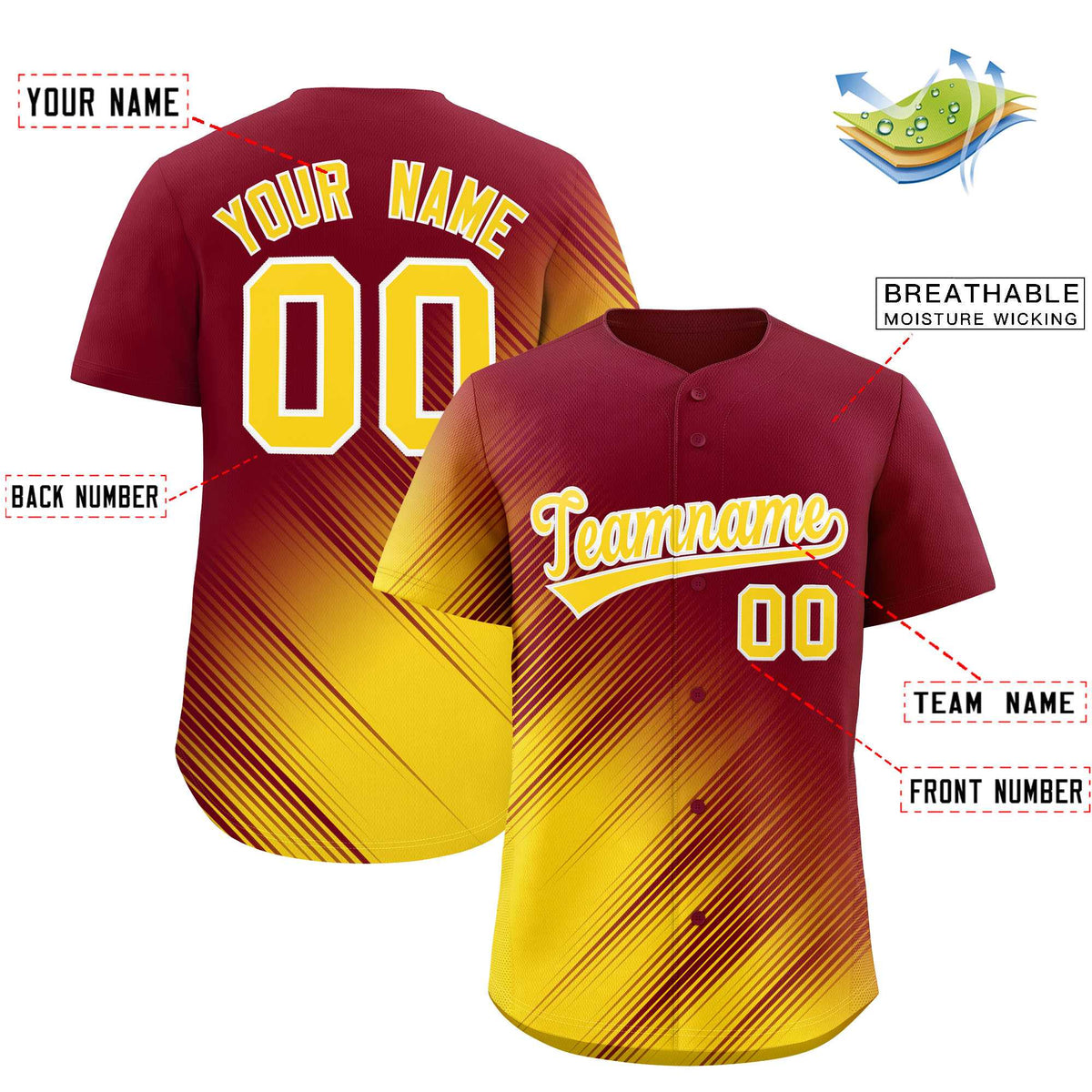 Custom Crimson Gold Diagonal Stripe Personalized Gradient Fashion Baseball Jersey Limited