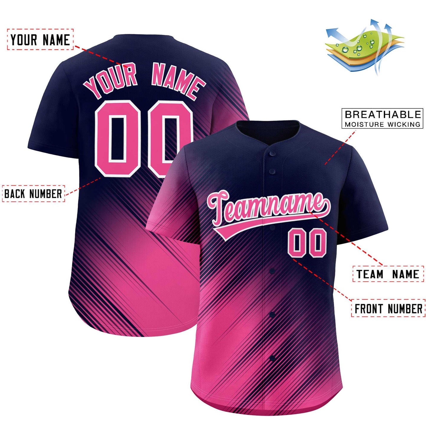 Custom Navy Pink Diagonal Stripe Personalized Gradient Fashion Baseball Jersey Limited