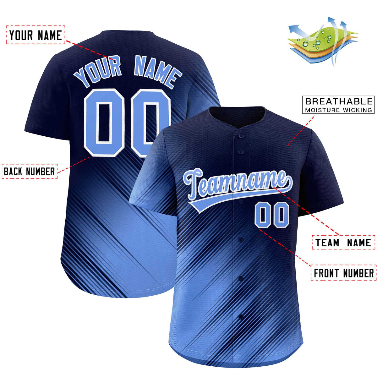 Custom Navy Light Blue Diagonal Stripe Personalized Gradient Fashion Baseball Jersey Limited