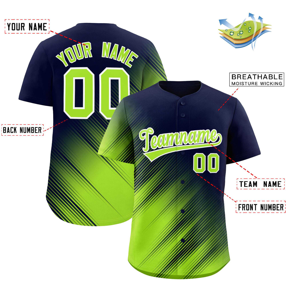 Custom Navy Neon Green Diagonal Stripe Personalized Gradient Fashion Baseball Jersey Limited