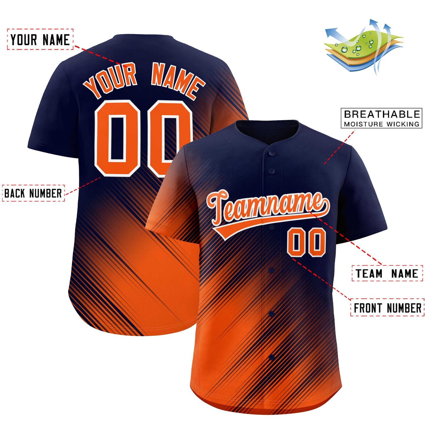 Custom Navy Orange Diagonal Stripe Personalized Gradient Fashion Baseball Jersey Limited