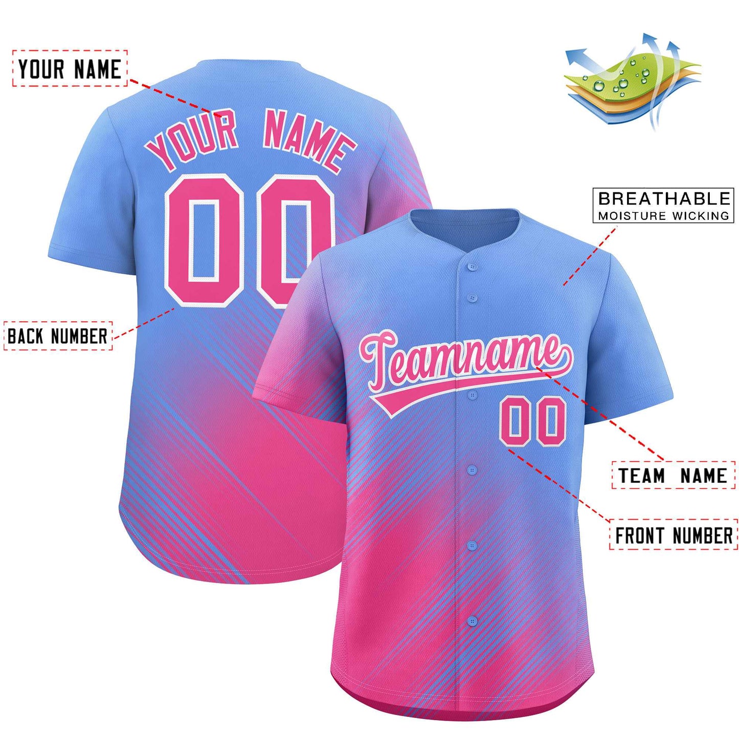 Custom Light Blue Pink Diagonal Stripe Personalized Gradient Fashion Baseball Jersey Limited